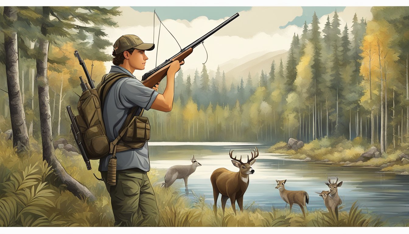 A young hunter holding a license, surrounded by trees and wildlife