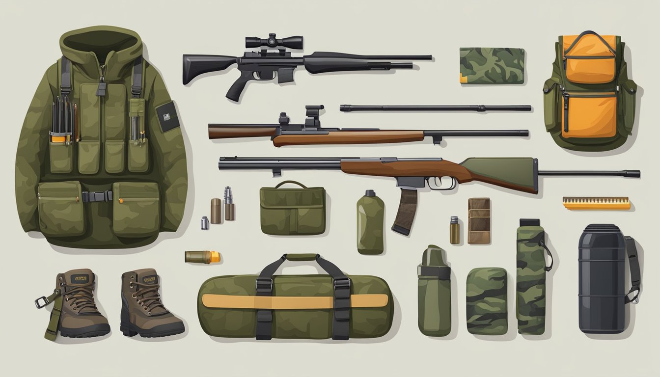 A young hunter's gear laid out: camouflage clothing, rifle, ammunition, safety harness, and hunting license