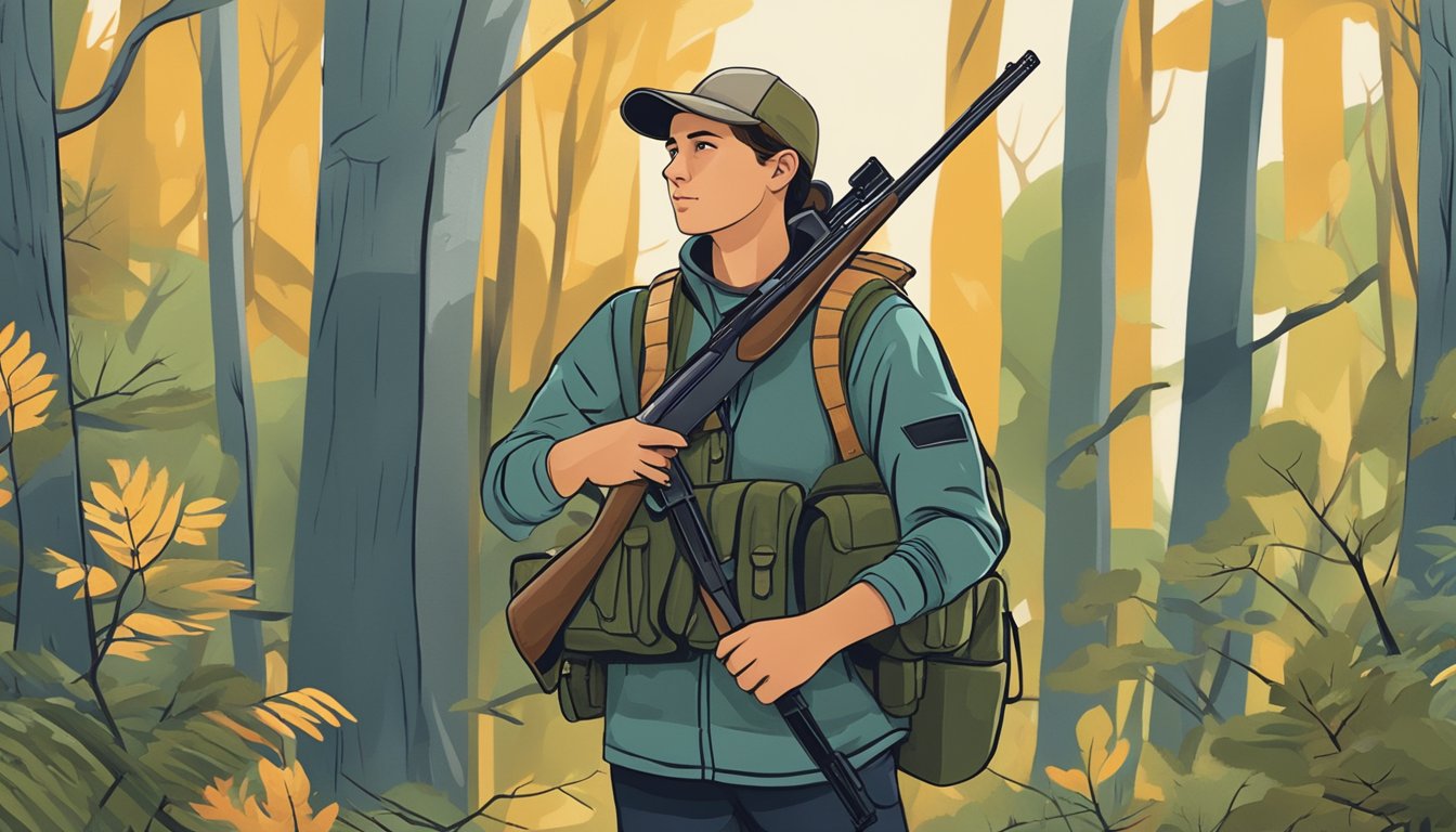 A young person holding a hunting license, standing in a forest with a rifle and surrounded by wildlife