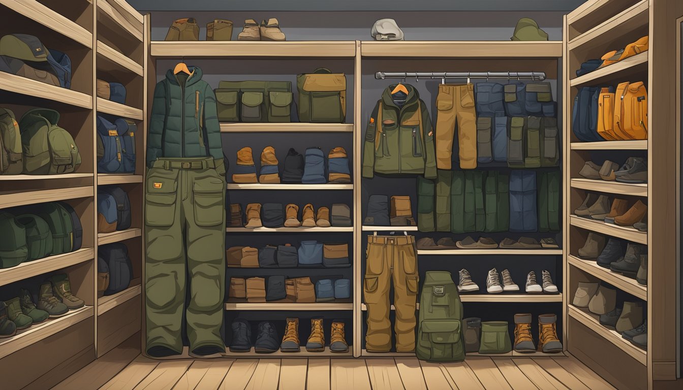 A pair of nomad youth hunting pants displayed on a shelf in a sporting goods store, surrounded by other outdoor clothing and gear