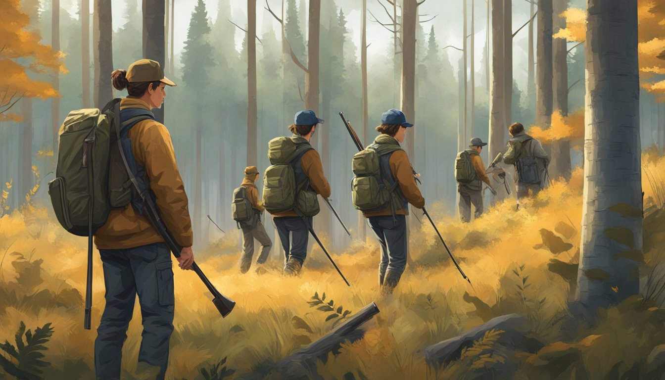 A group of young hunters gather in a forest clearing, surrounded by trees and wildlife. They carefully follow regulations, ensuring the conservation of the environment