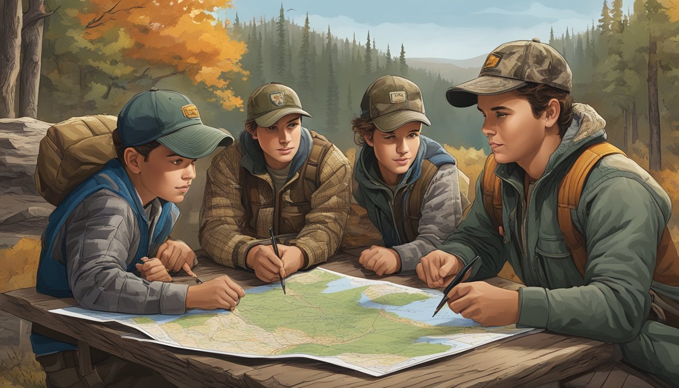 A group of young hunters gather around a table, discussing and integrating their resident youth hunting licenses, while pointing at maps and planning their upcoming hunting opportunities