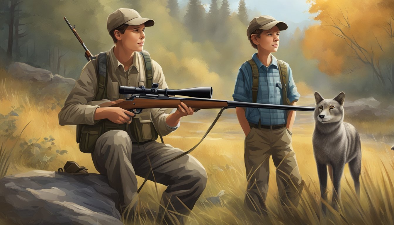 A young hunter holding a rifle, accompanied by an adult, observing a sign with hunting regulations for specific species