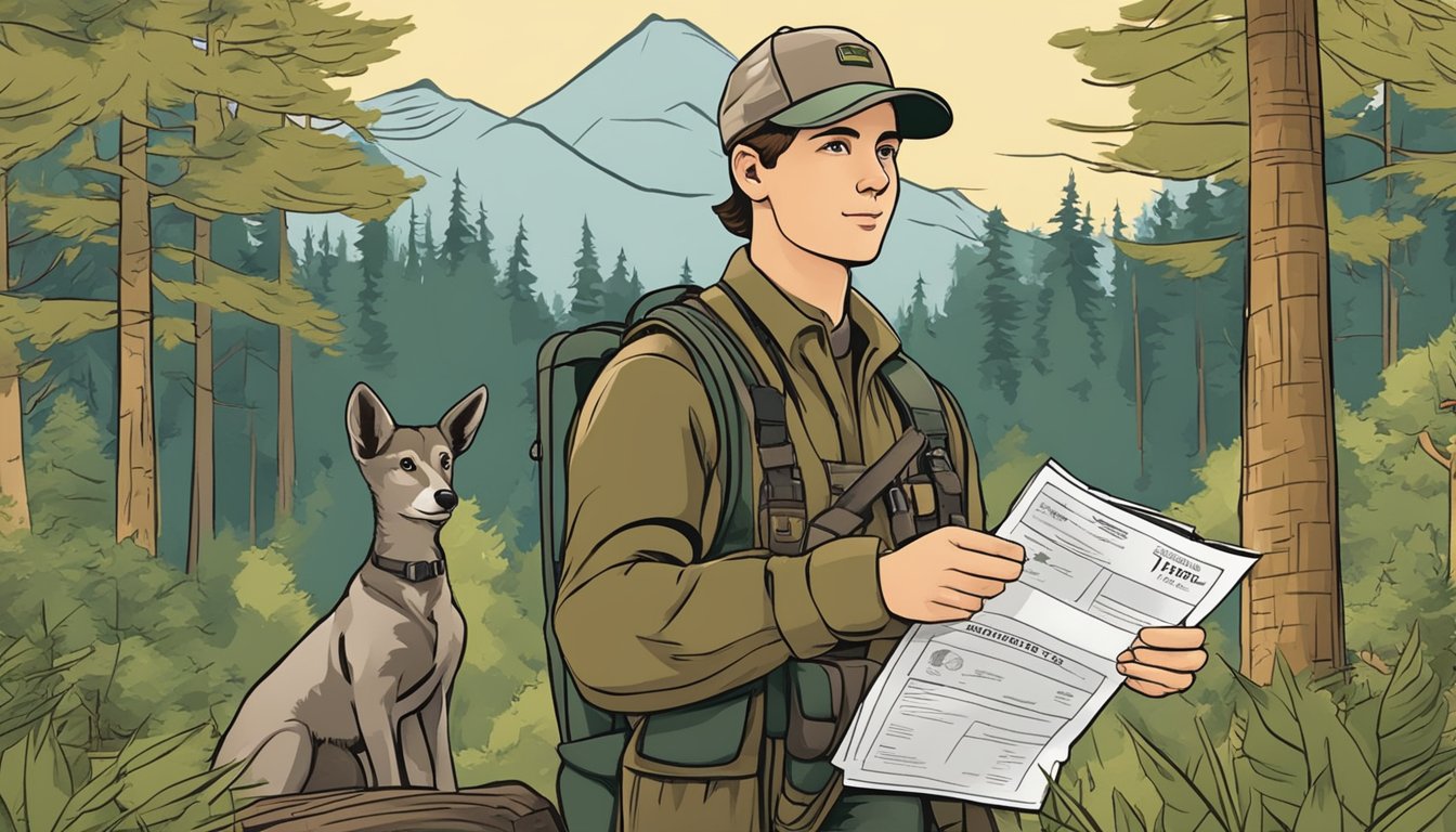 A young hunter holding a hunting license, surrounded by forest and wildlife