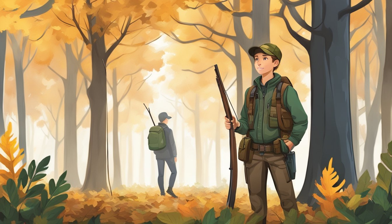 A young hunter stands in a forest, surrounded by trees with leaves changing color. A sign nearby displays the regulations for youth hunting