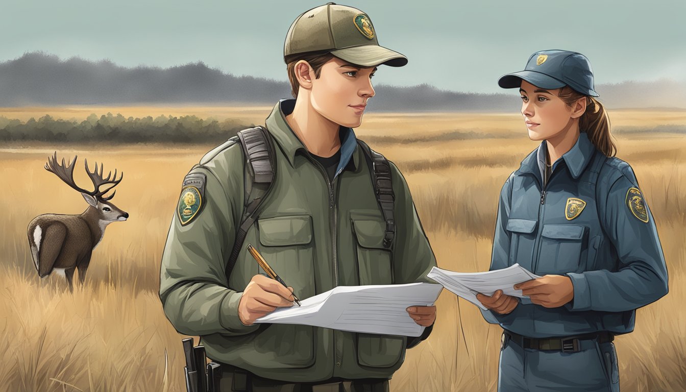 A young hunter holding a completed registration form while standing next to a wildlife conservation officer