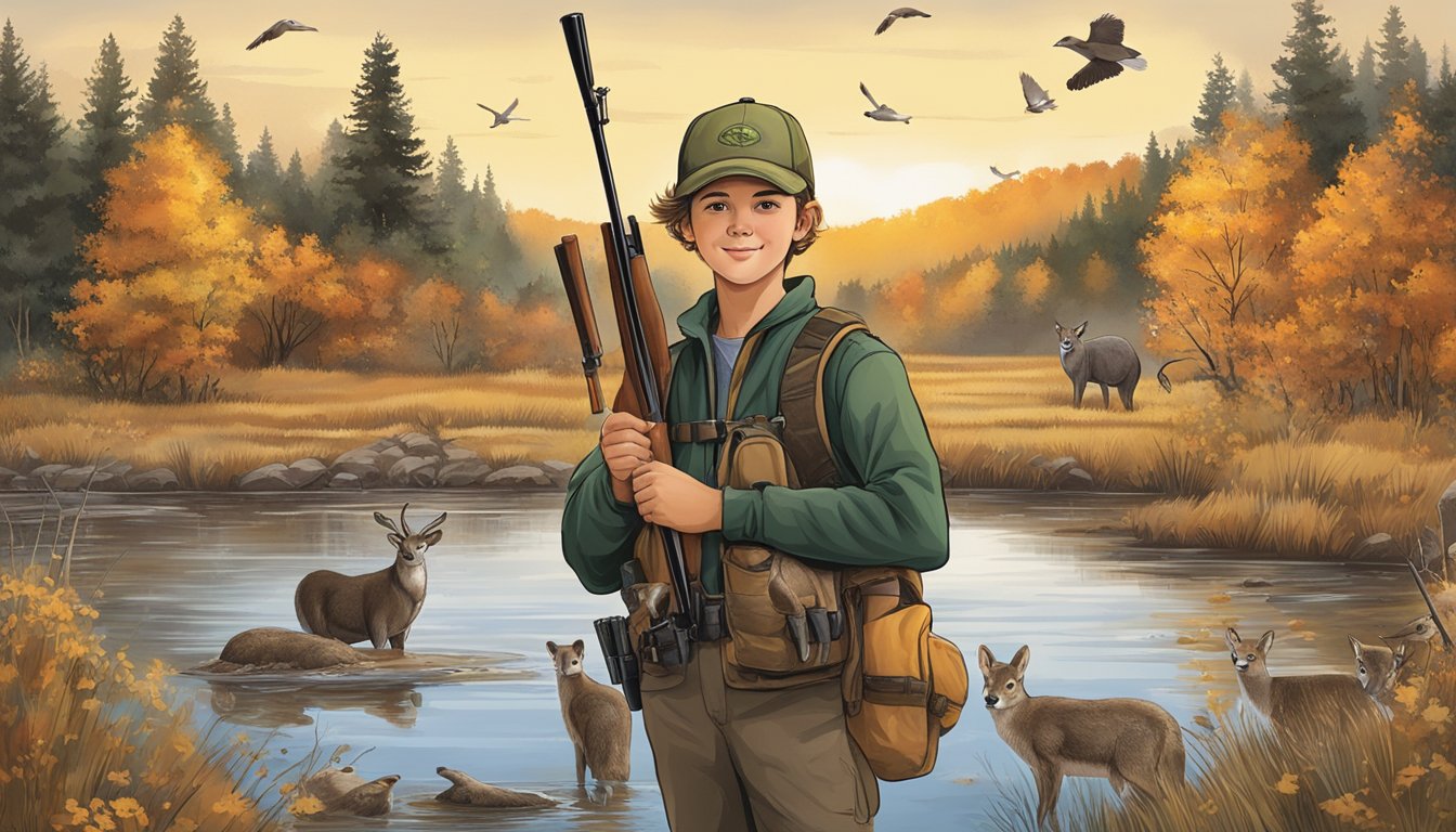 A young hunter holding a license with images of seasonal wildlife and game-specific symbols