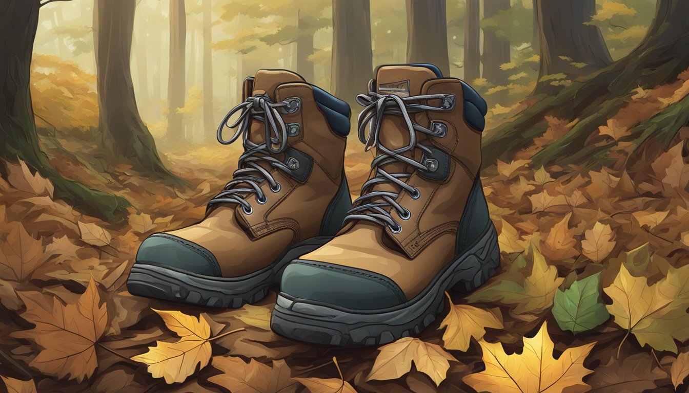 A pair of Rocky youth hunting boots resting on a bed of fallen leaves in a dense forest setting