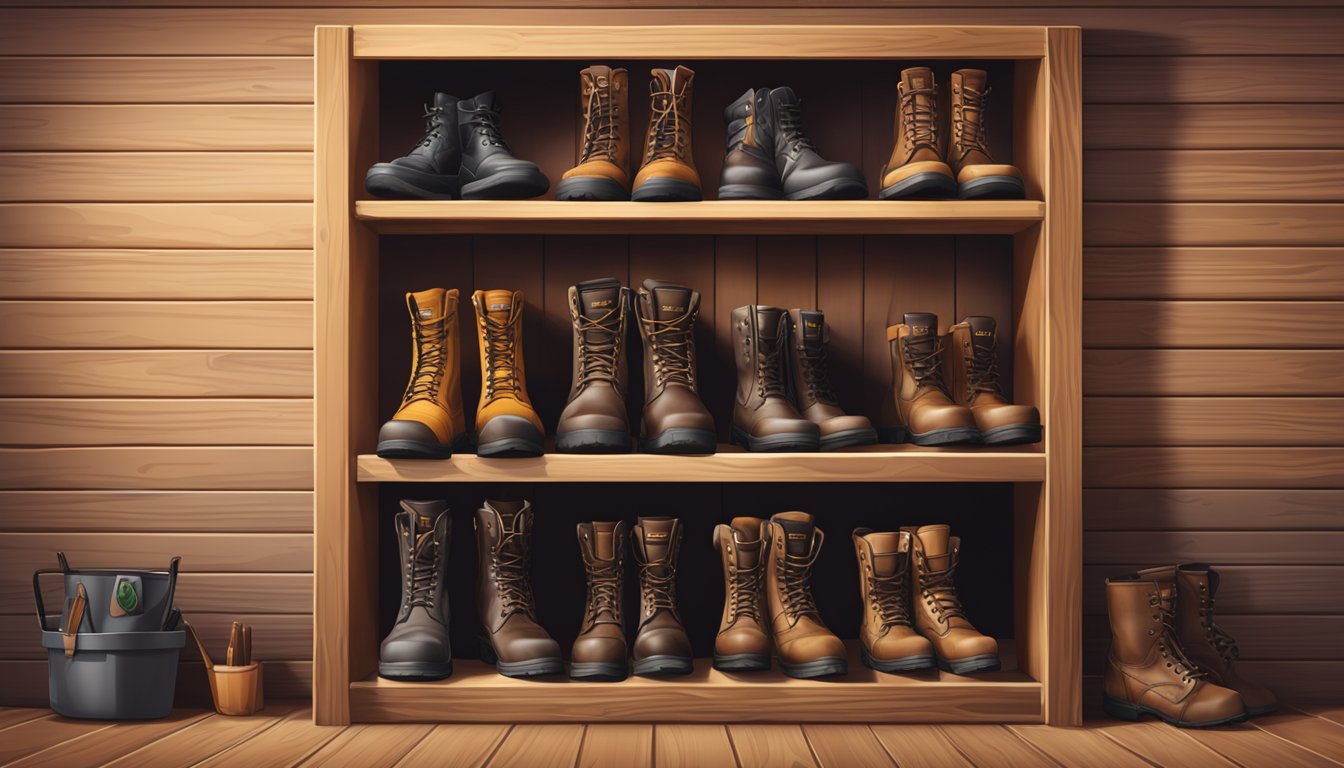 A pair of Rocky youth hunting boots in various sizes displayed on a wooden shelf in a well-lit outdoor store