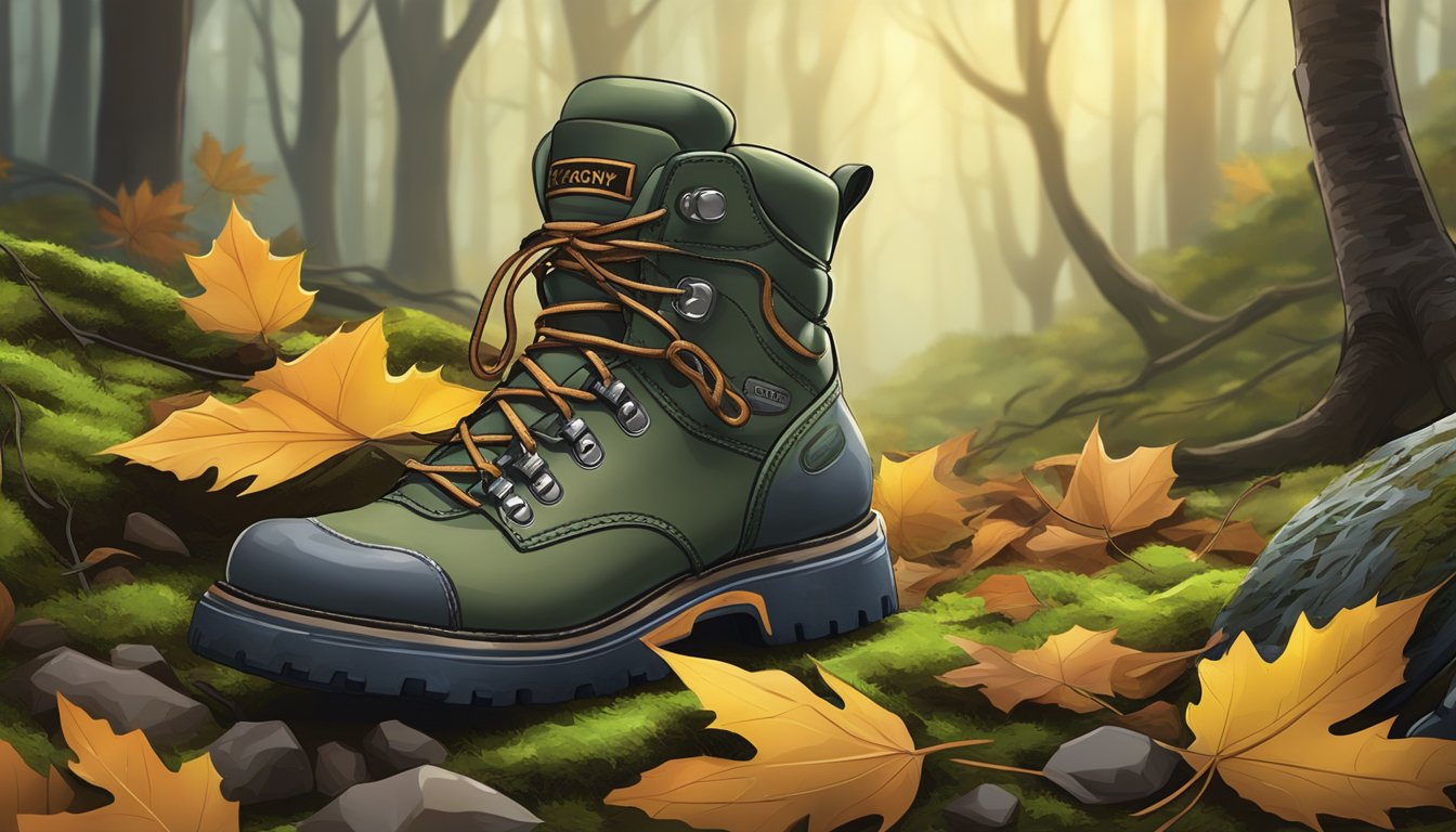 A pair of rocky youth hunting boots displayed on a mossy forest floor, surrounded by fallen leaves and tree branches