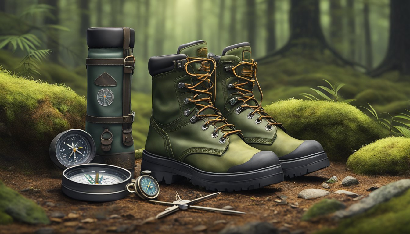 A pair of sturdy rocky youth hunting boots placed next to a hunting rifle and a compass on a mossy forest floor