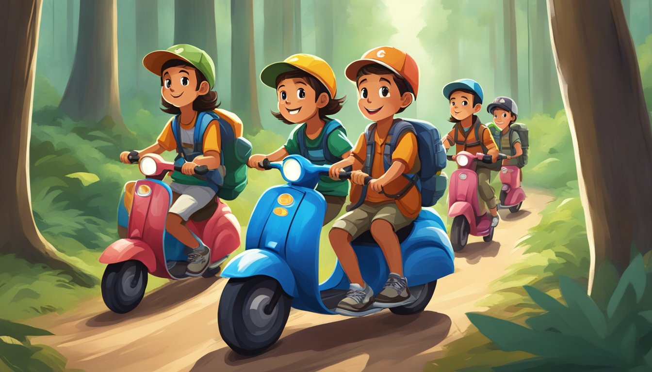 A group of young campers ride scooters through a forest, collecting donations for their hunting camp fundraiser