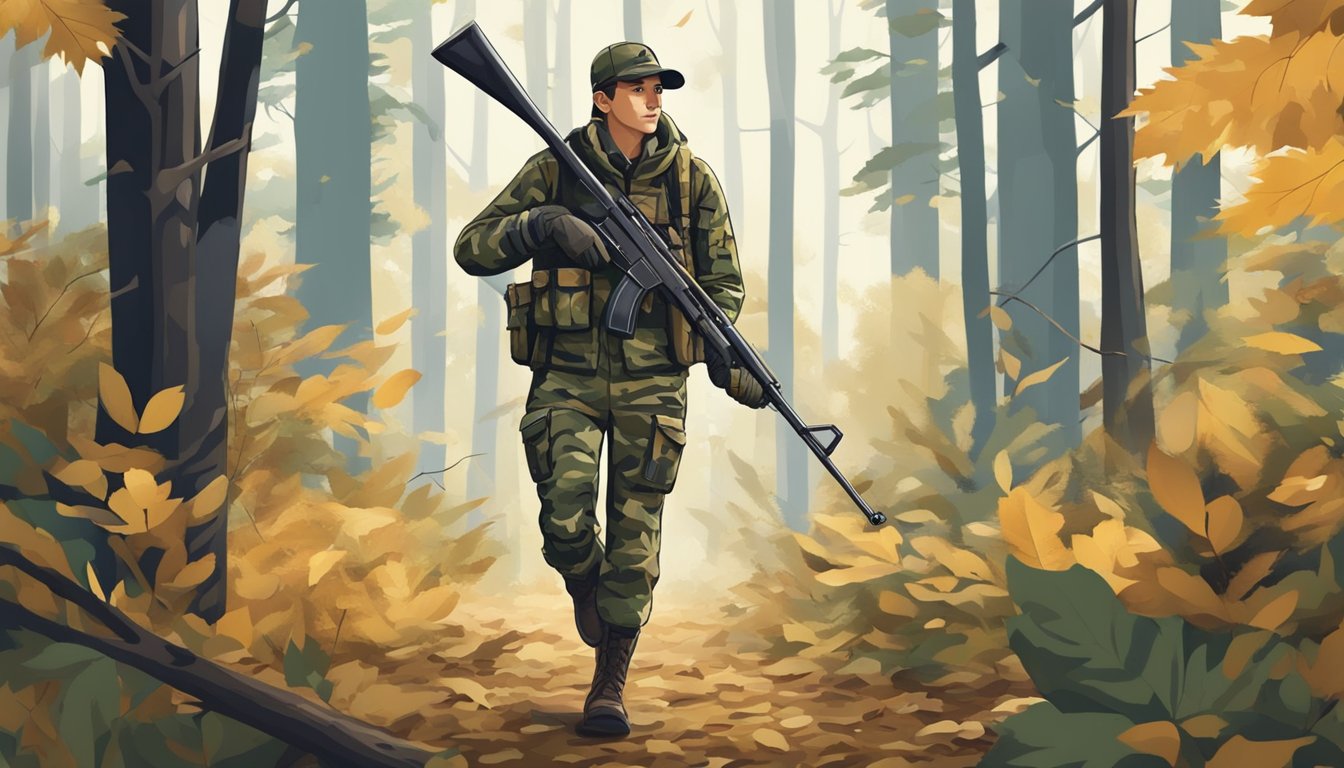 A young hunter in camouflage clothing, holding a rifle, walking through a forest with tall trees and fallen leaves