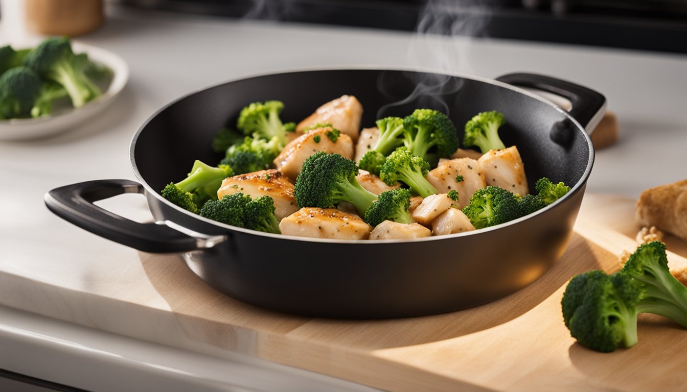 A skillet sizzling with diced chicken, broccoli florets, and aromatic seasonings. Steam rises as the ingredients cook together over a glowing stovetop