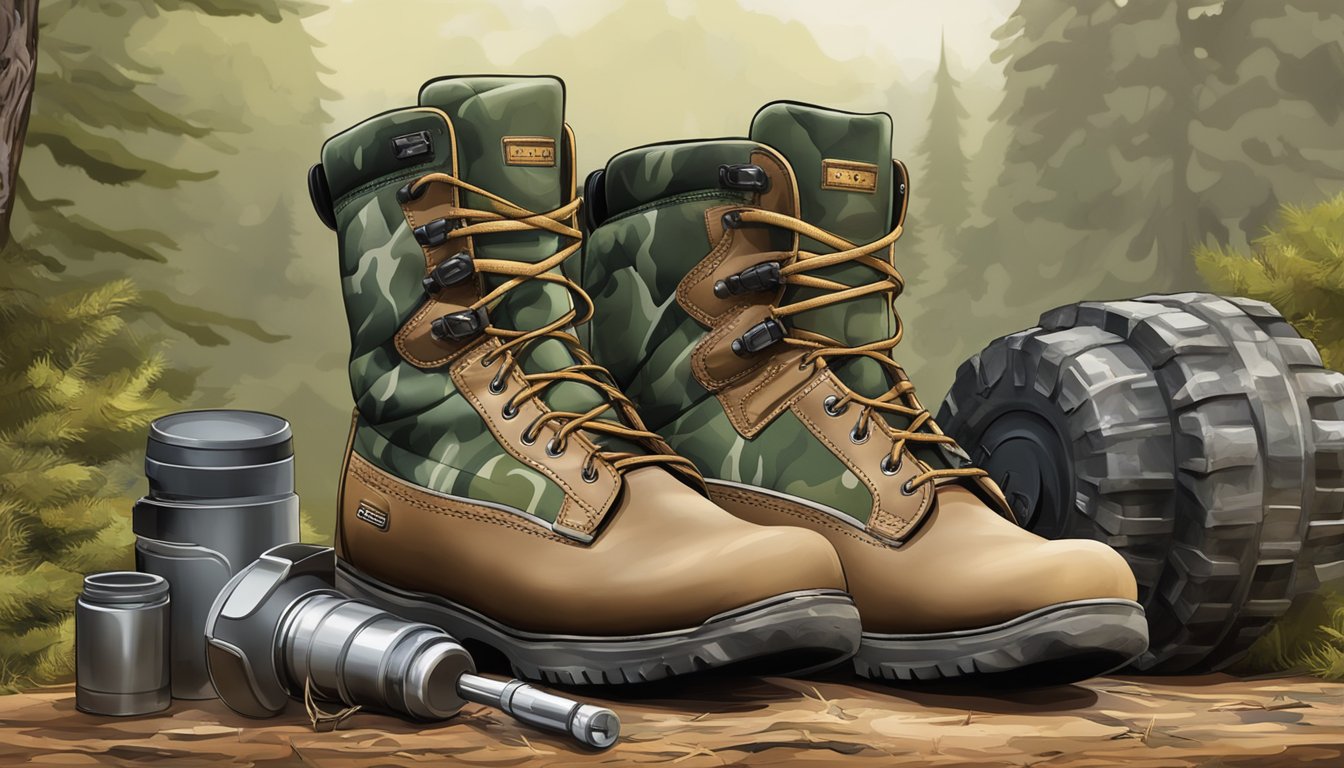 A pair of sturdy youth hunting boots surrounded by camouflage clothing and gear in a rustic outdoor setting