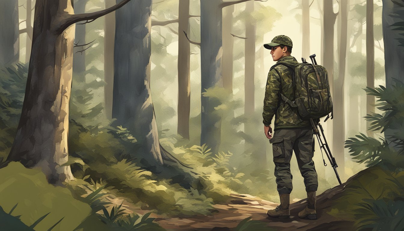 A young hunter wearing specialized camo apparel in a forest setting