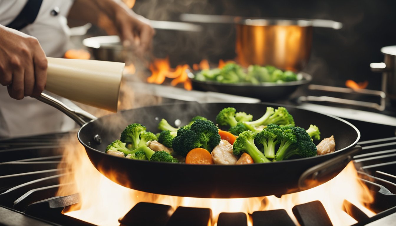 Chicken and Broccoli Recipe: A chef stir-frying chicken and broccoli in a sizzling wok over a gas stove. Chopped vegetables and seasonings are neatly arranged nearby