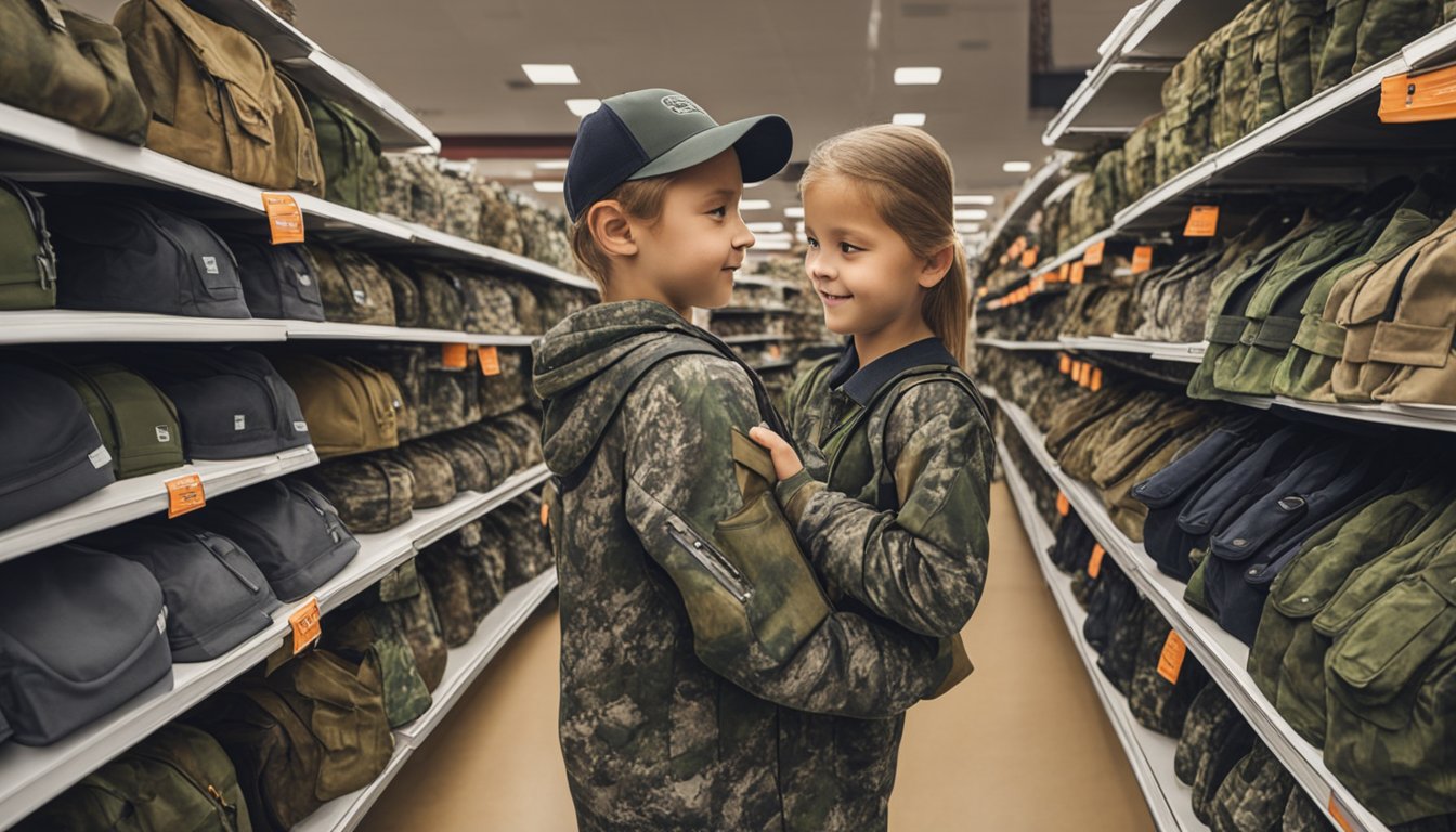 A young hunter browsing through racks of camouflage youth hunting clothes at Scheels, considering various options and tips