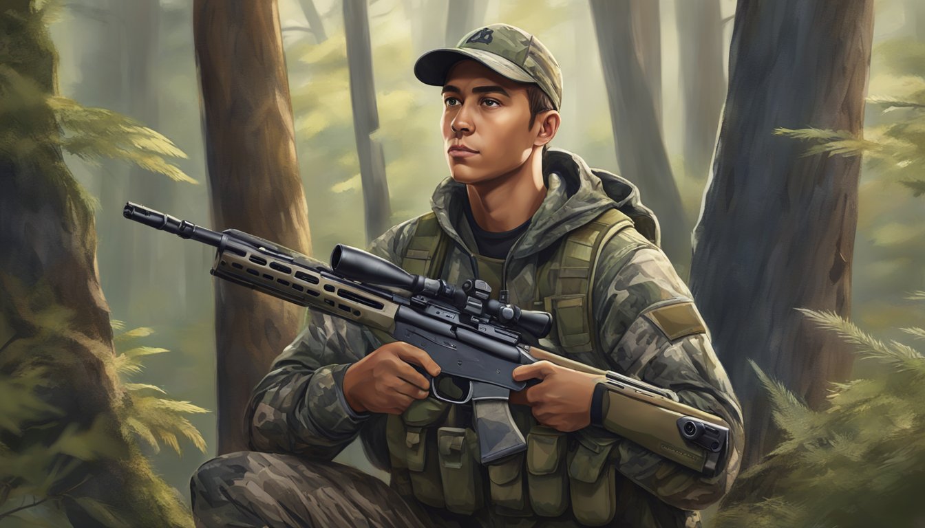 A young hunter wearing Under Armour gear in a forest, holding a rifle and wearing camouflage clothing