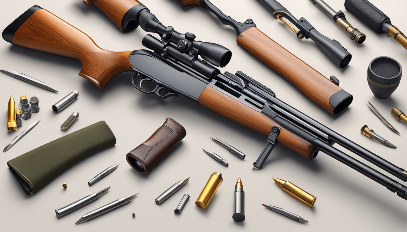 A group of youth hunting shotguns with various accessories and modifications, laid out on a table for display