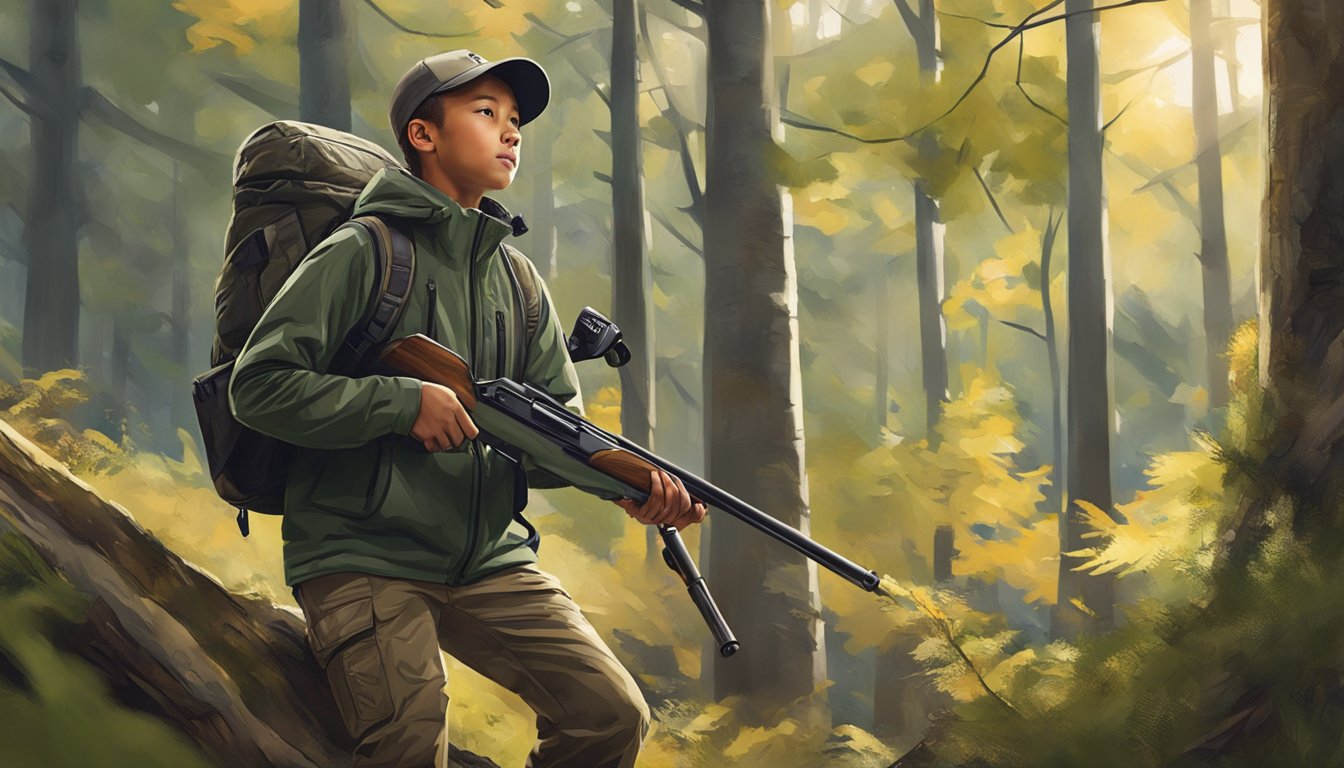 A young hunter wearing Under Armour youth hunting clothing, utilizing advanced features in a forest setting