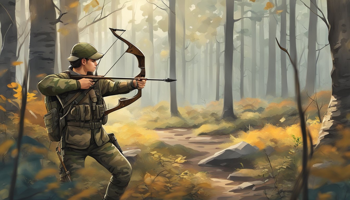 A young hunter in camouflage gear with a bow and arrow, standing in a wooded area with hunting accessories scattered around