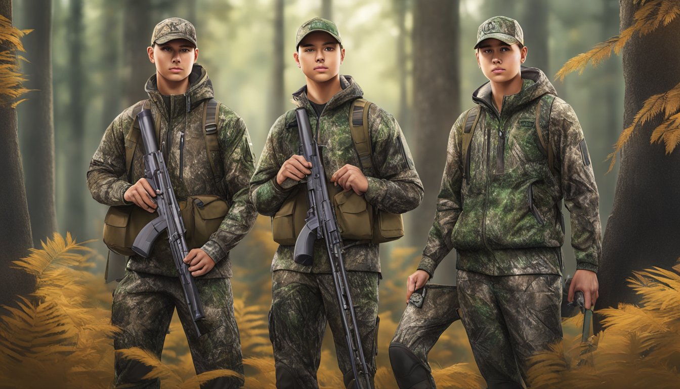 A group of young hunters wearing Tidewe brand camouflage clothing, standing in a forest with hunting gear and rifles