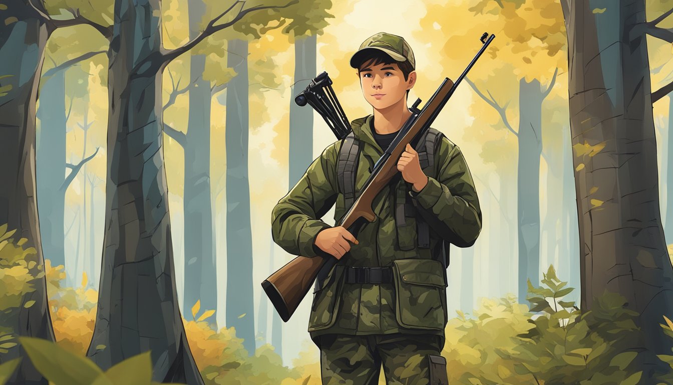 A young hunter wearing Tidewe youth hunting clothes, standing in a forest with a rifle, surrounded by trees and wildlife