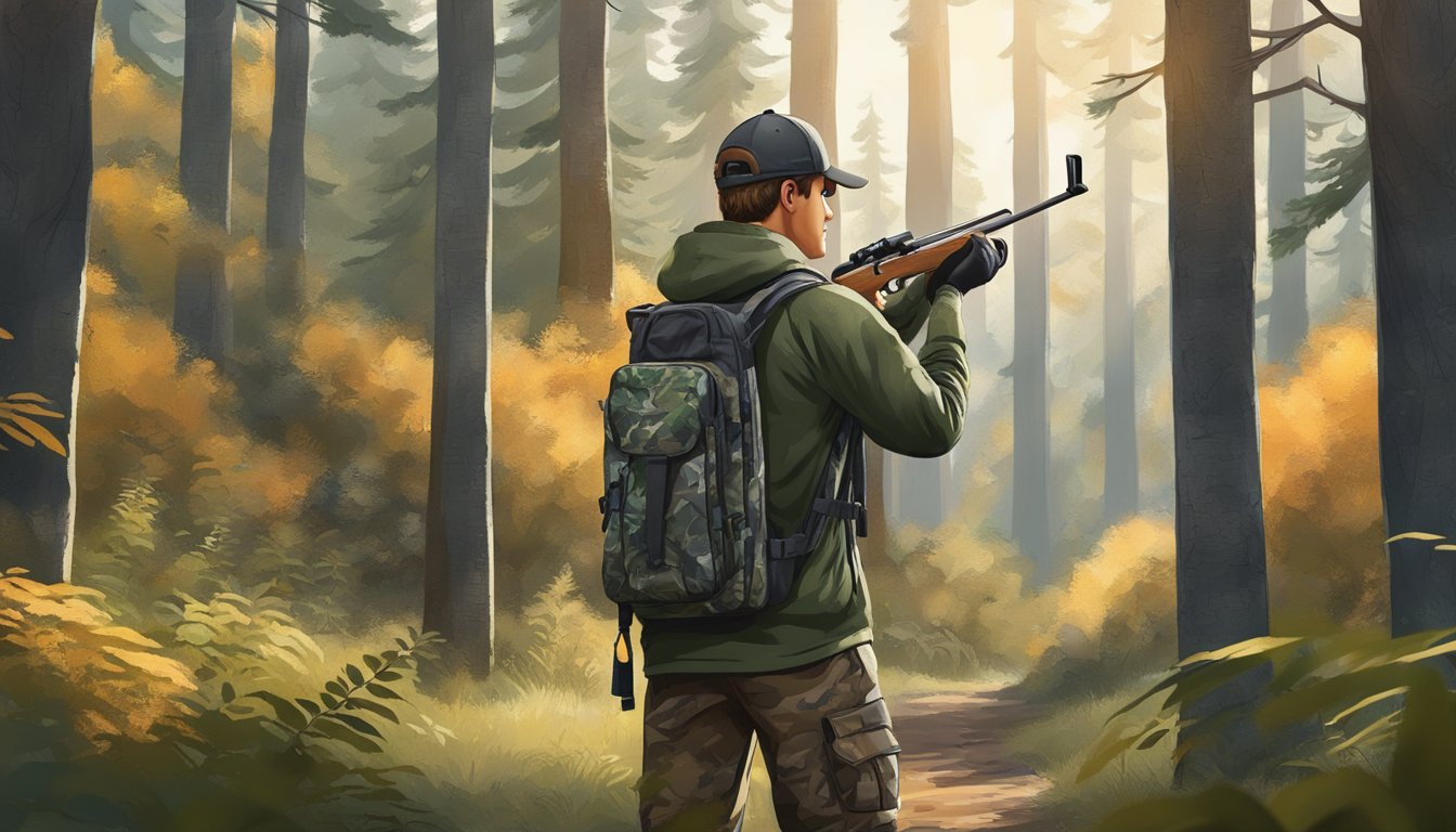 A young hunter wearing Under Armour gear, standing in a forest with a rifle and binoculars, scanning the area for game