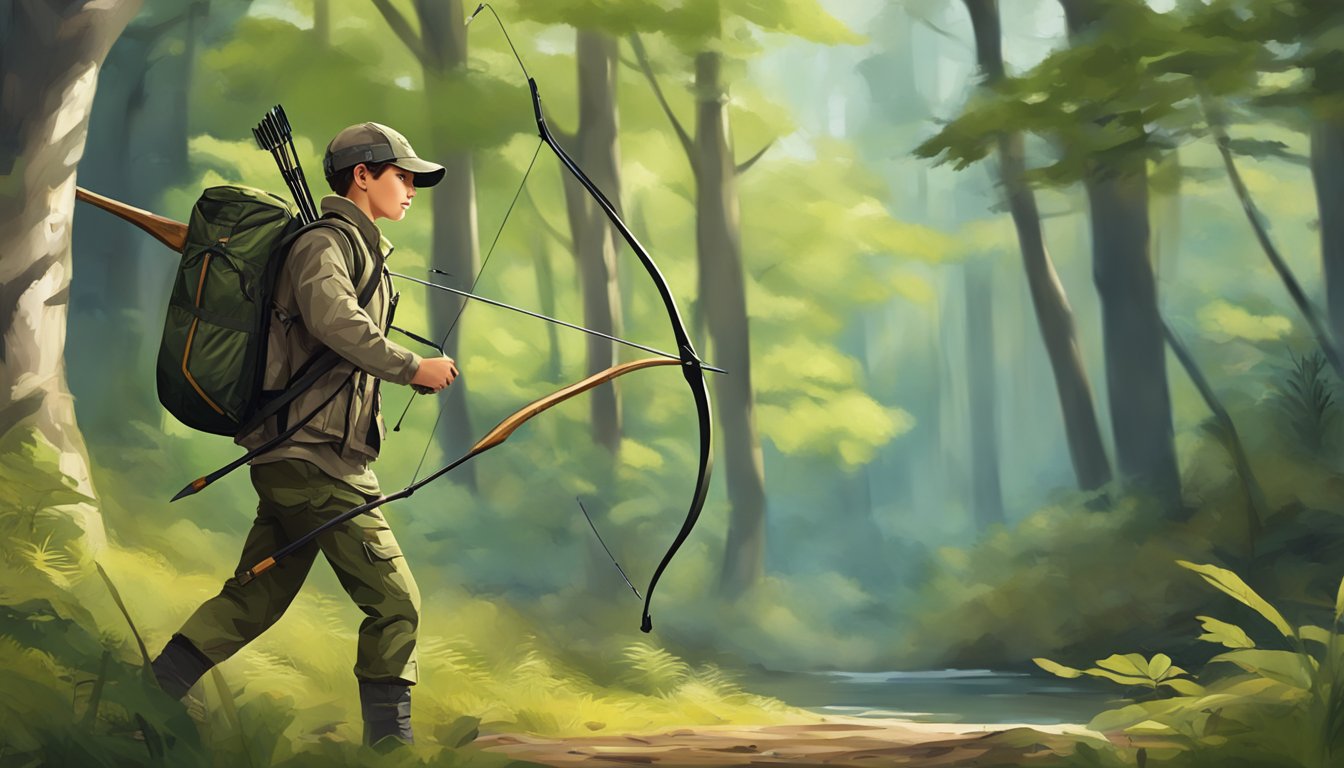 A young hunter wearing Tidewe youth hunting clothes, walking confidently through a forest, carrying a bow and arrows