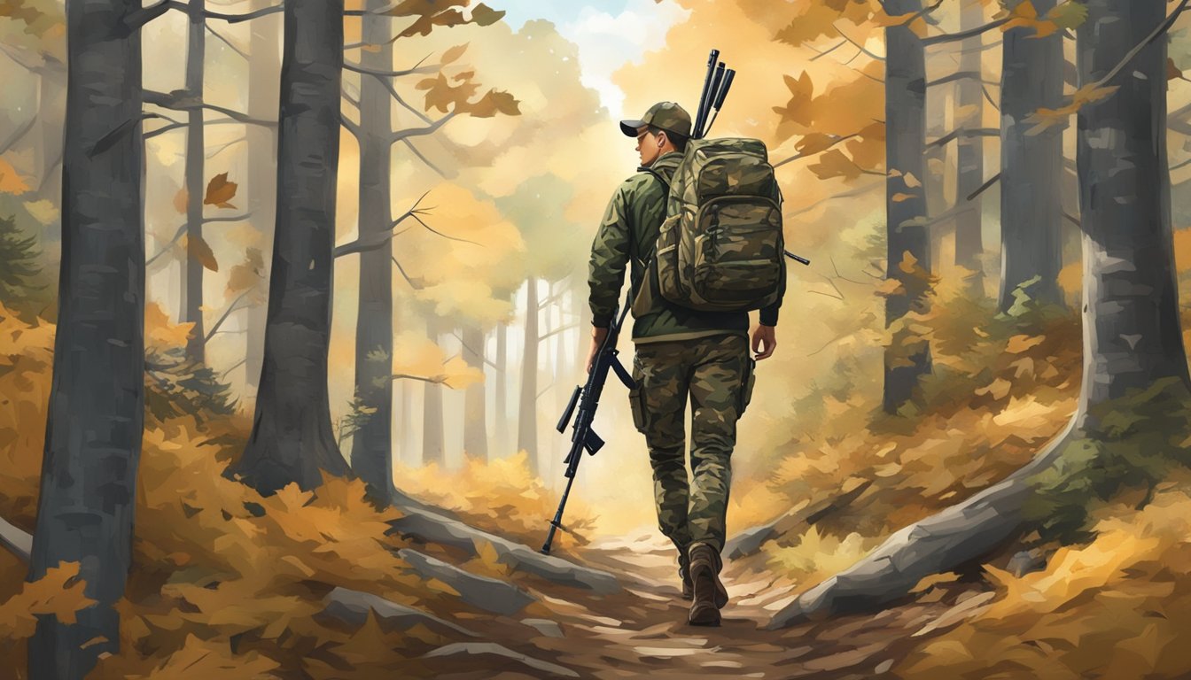 A young hunter in camouflage under armour, carrying a rifle, walking through a forest with fallen leaves and pine trees