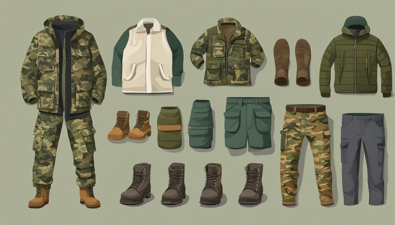 A young hunter's clothes laid out neatly, with various sizes and styles of camouflage jackets, pants, and boots displayed