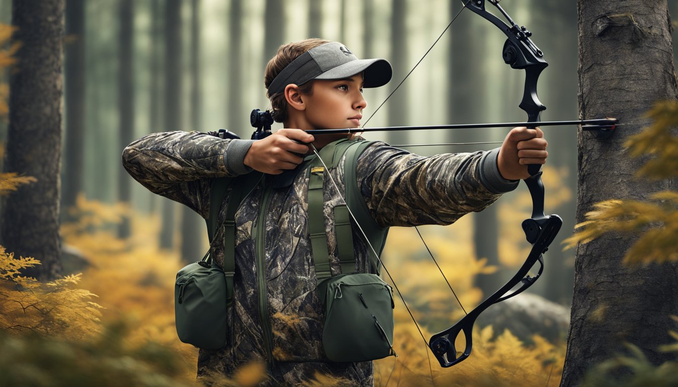 A young hunter wearing Under Armour camo clothing, blending into the forest while aiming a bow at a target