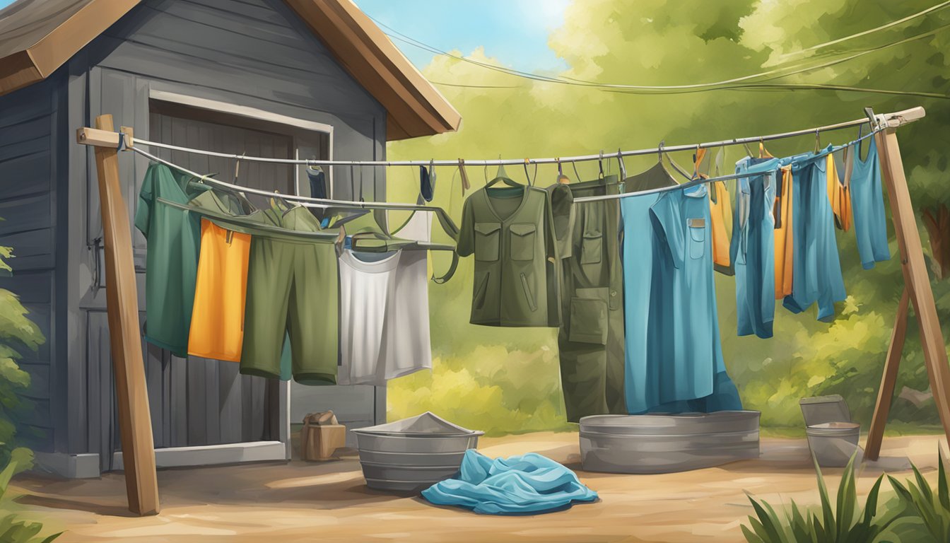 A pair of Tidewe youth hunting clothes being carefully washed and hung to dry in a sunny outdoor setting