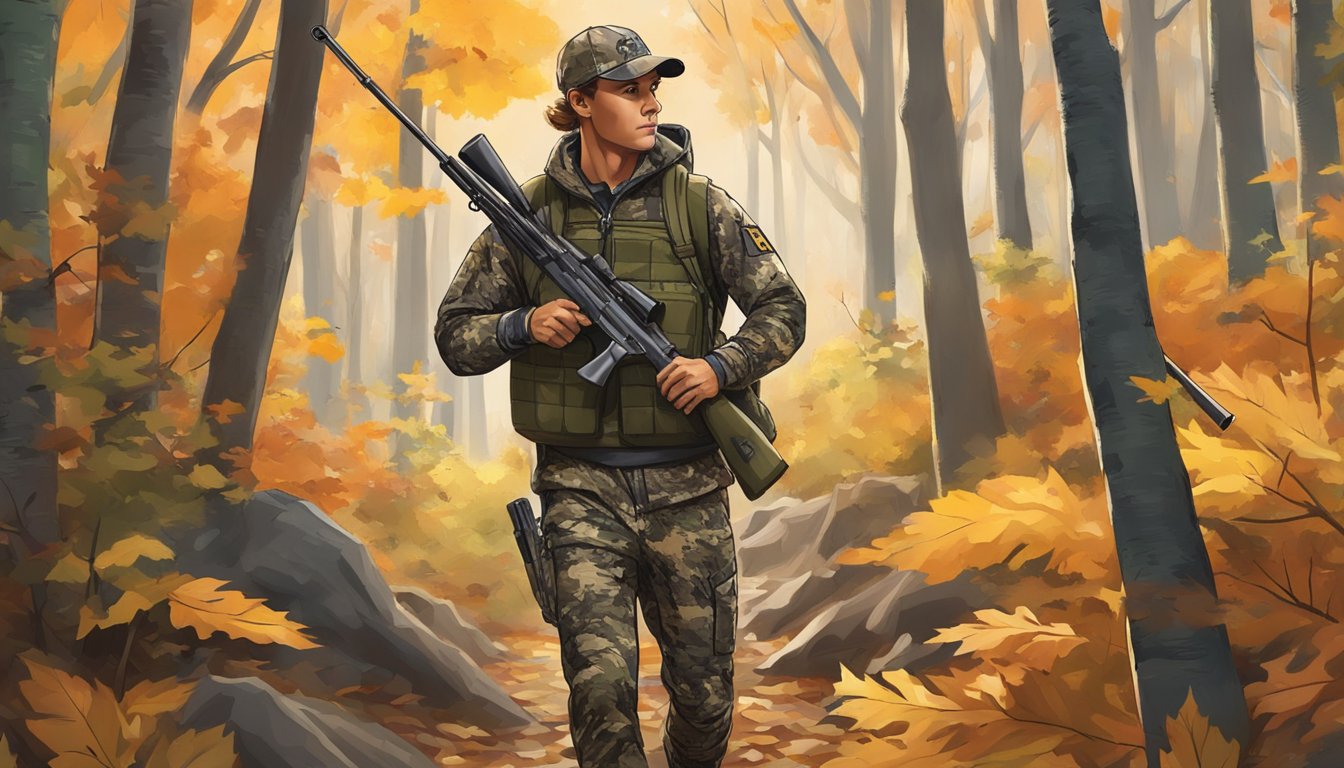 A young hunter in camouflage under armour clothing, holding a rifle, walking through a forest with fall foliage