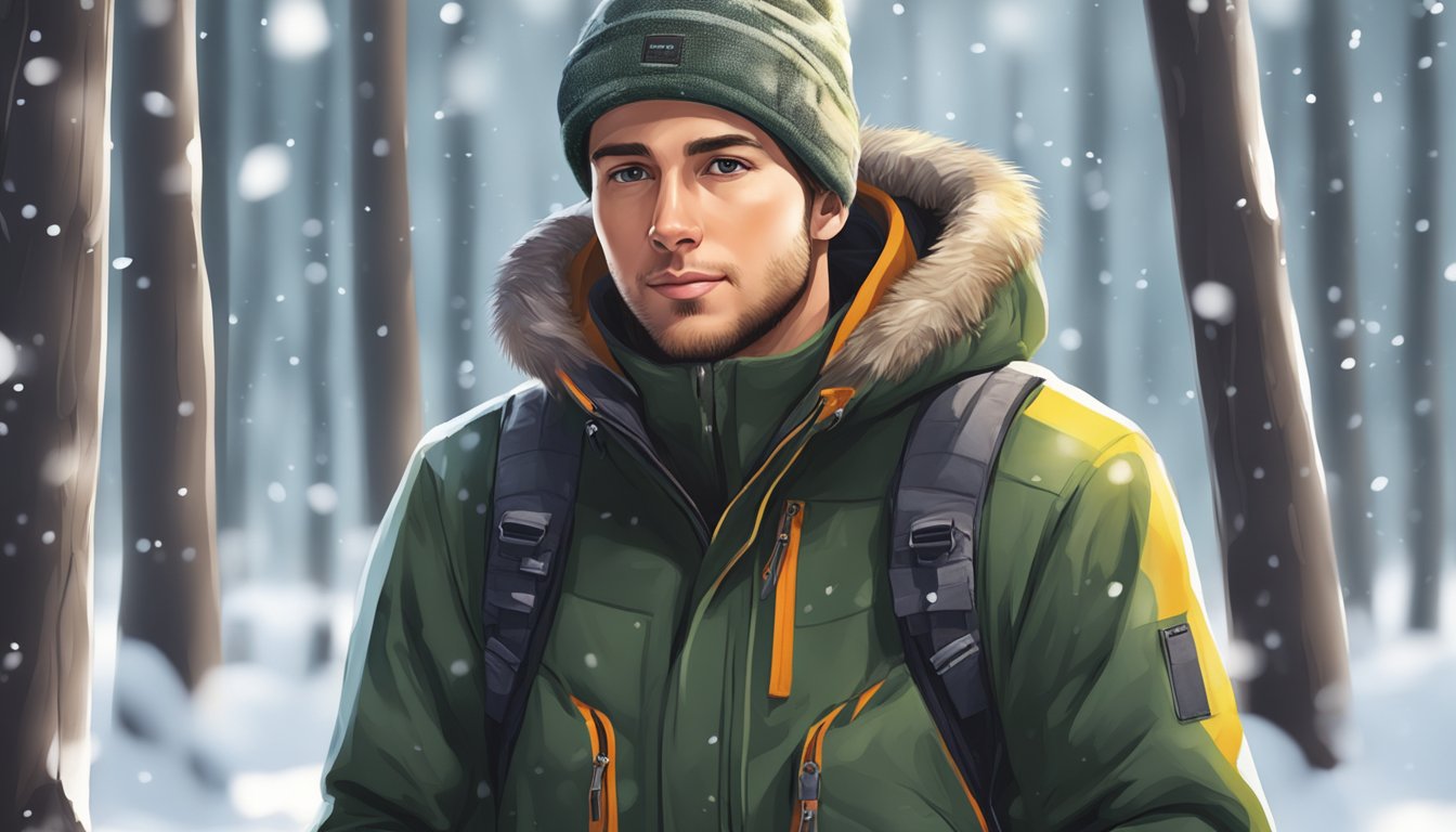 A young hunter wearing insulated clothing in a snowy forest