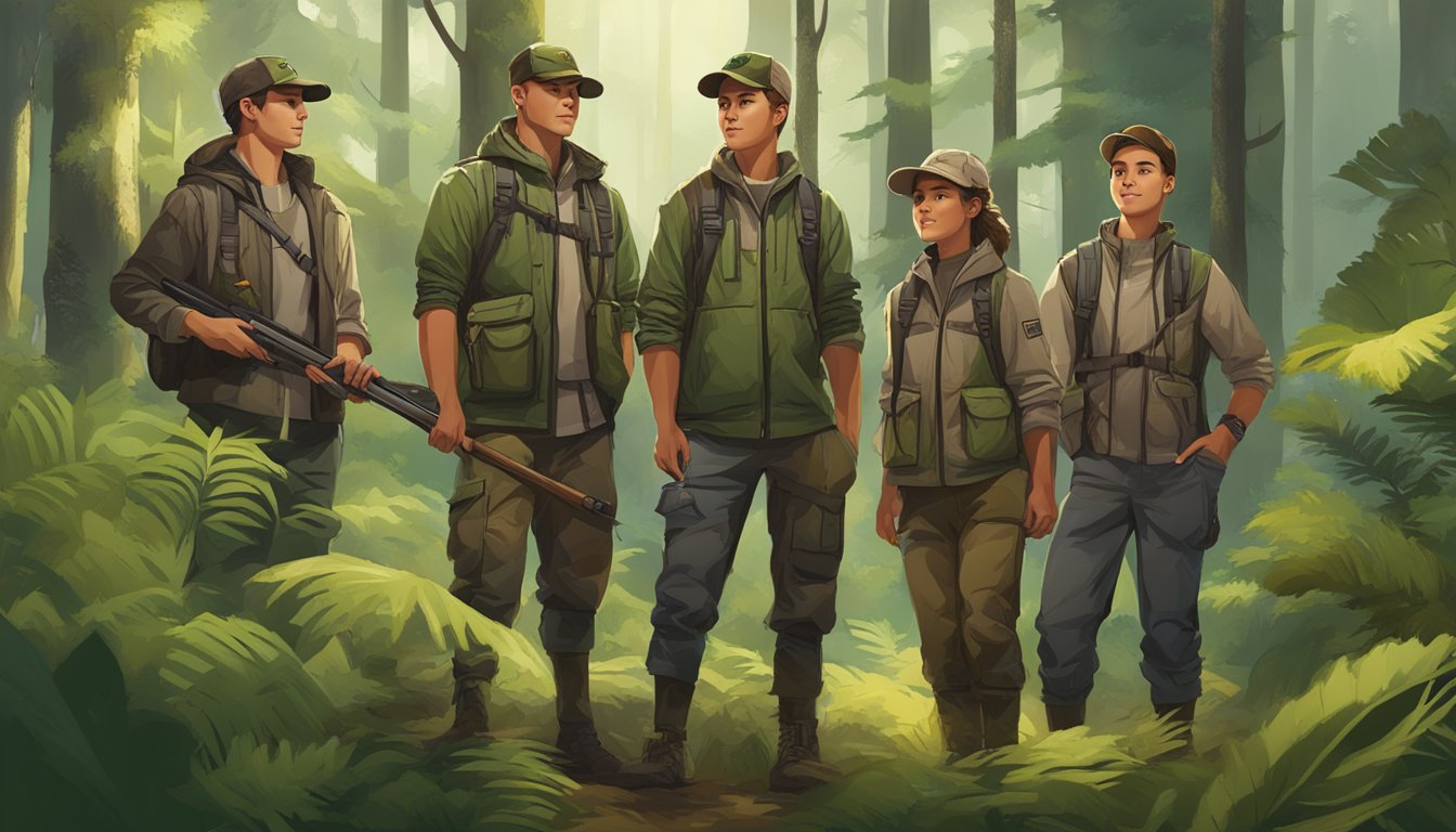 A group of young hunters wearing Tidewe clothing, surrounded by a lush, sustainable forest