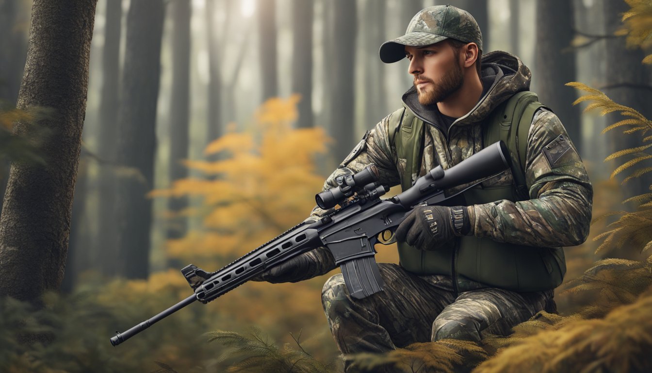 A young hunter wearing Under Armour camo jacket and pants, with a matching hat and gloves, holding a rifle in a forest setting