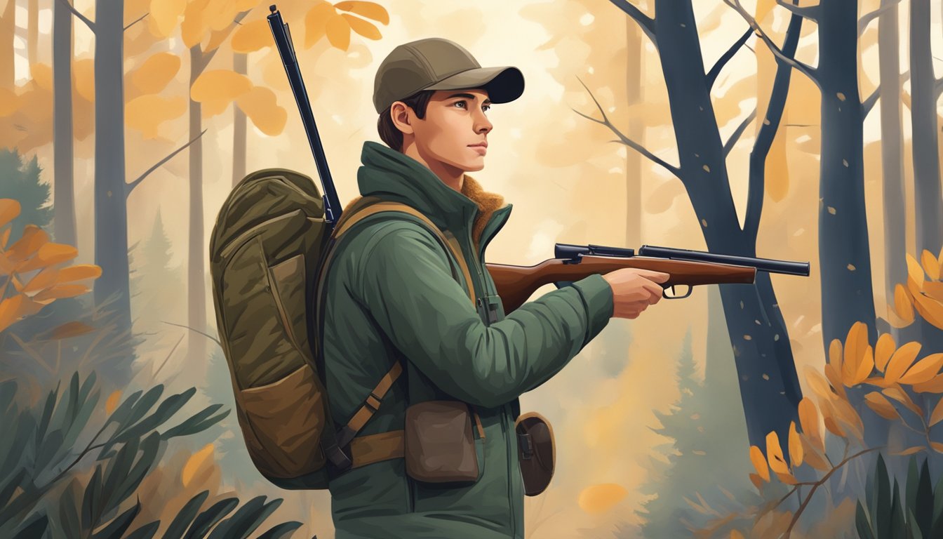 A young hunter wearing properly fitted warm hunting clothes, standing in a forest with a rifle, surrounded by trees and wildlife