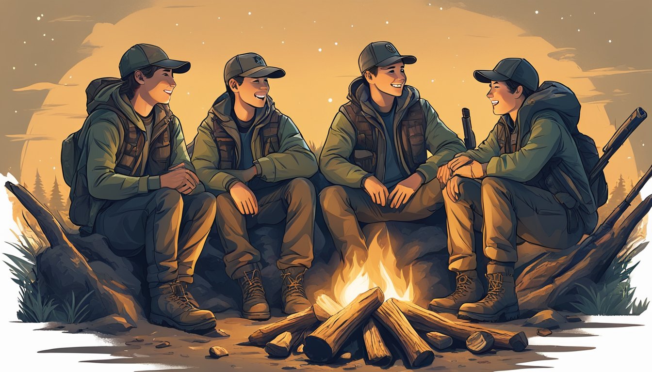 A group of young hunters wearing Tidewe youth hunting clothes gather around a campfire, sharing stories and laughing under the stars