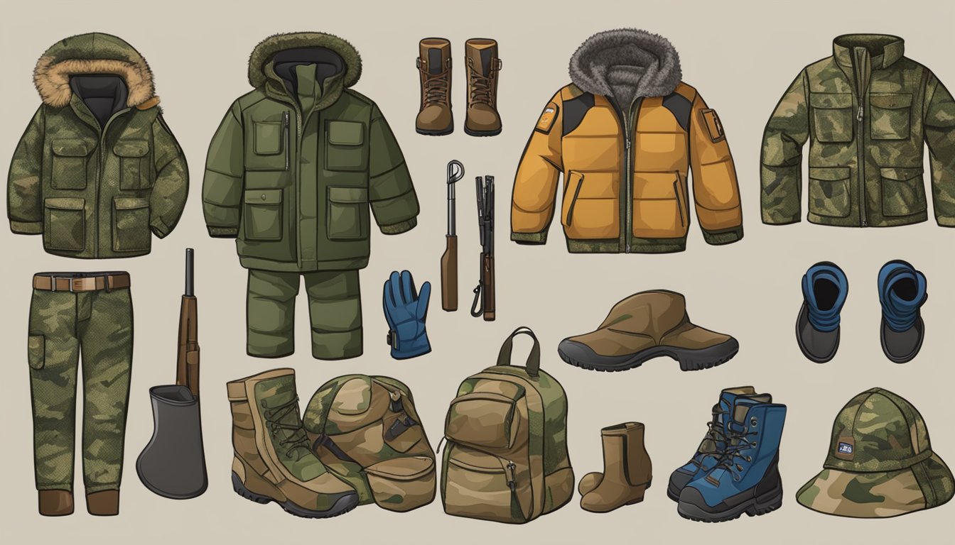 A child's hunting apparel laid out on a table, with a pair of boots, camouflage pants, jacket, and gloves neatly arranged