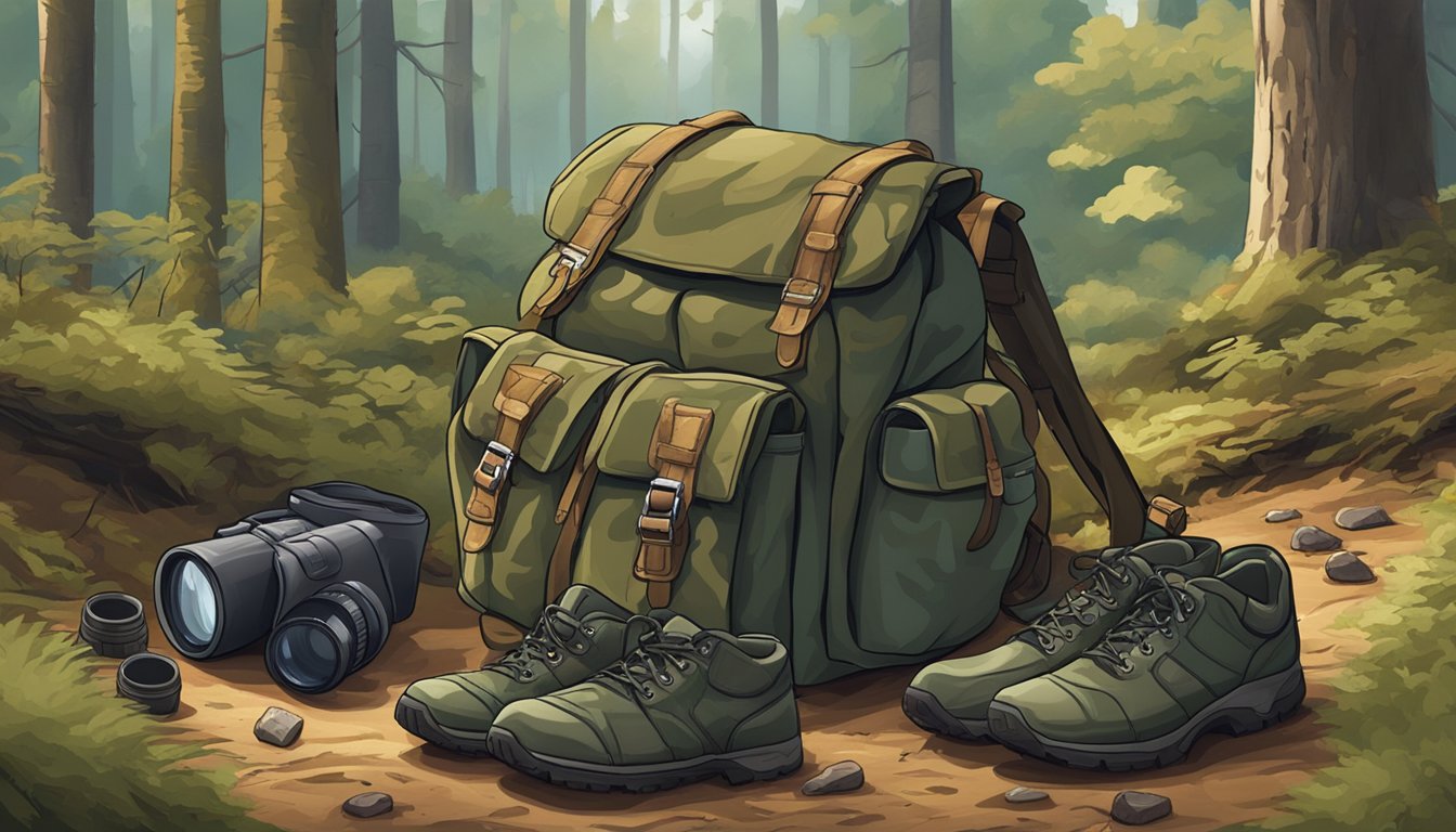 A forest clearing with a pile of warm, youth-sized hunting clothes laid out next to a camouflage backpack and a pair of binoculars