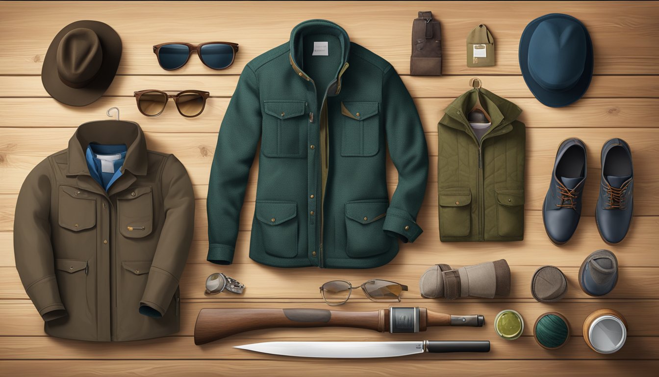 A young hunter's clothing spread out on a rustic wooden table with various purchasing options displayed nearby