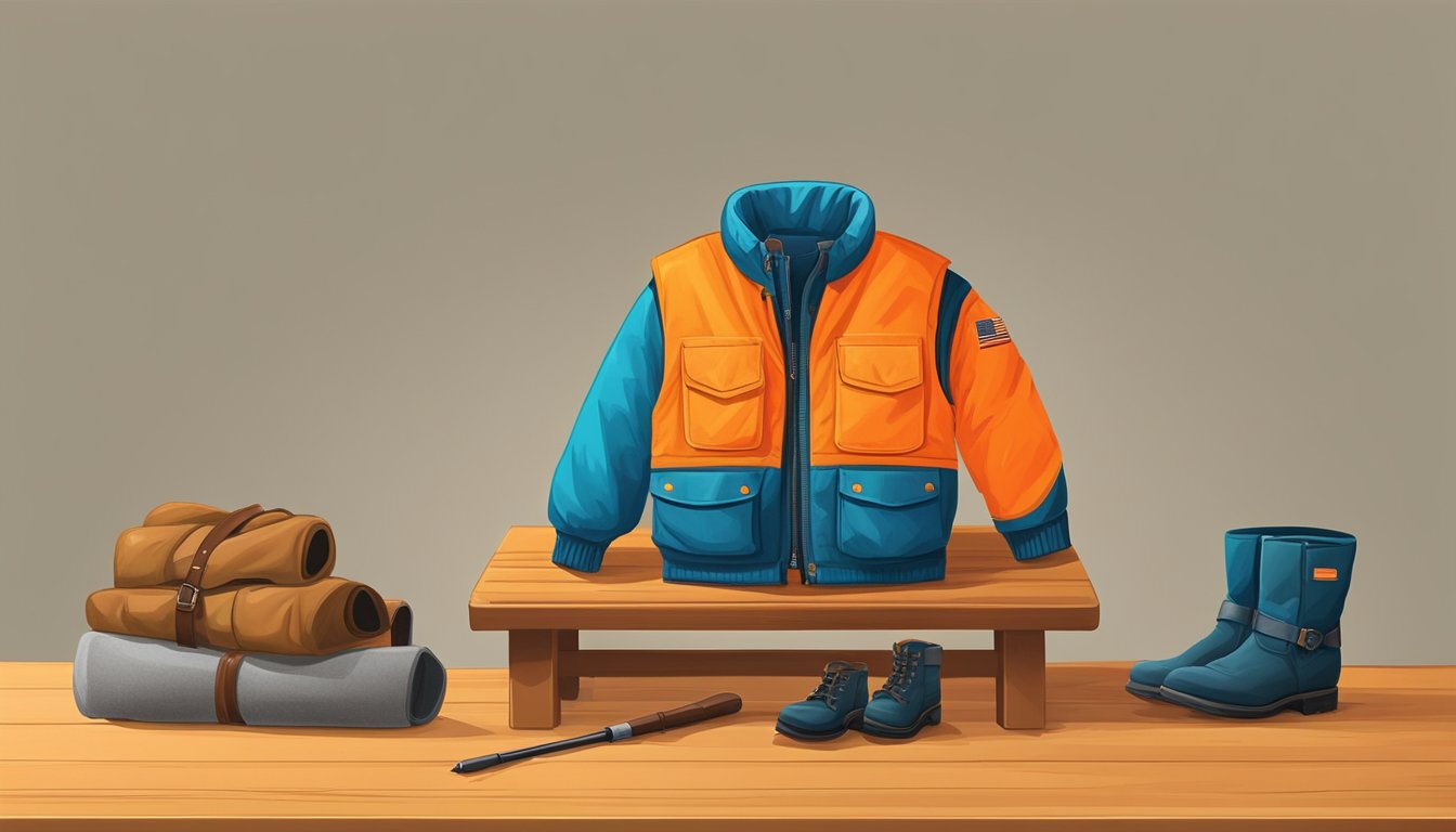 A child's hunting jacket, pants, and boots laid out neatly on a wooden table, with a bright orange safety vest draped over the back of a chair