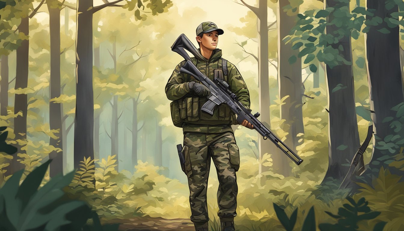 A young hunter wearing camouflage under armour in a forest, holding a rifle and surrounded by trees and wildlife