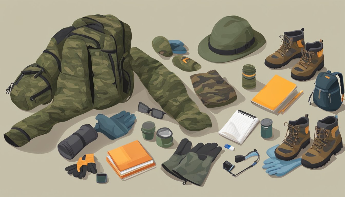 A young hunter's gear laid out: camo jacket, insulated pants, waterproof boots, gloves, hat, and a backpack with supplies