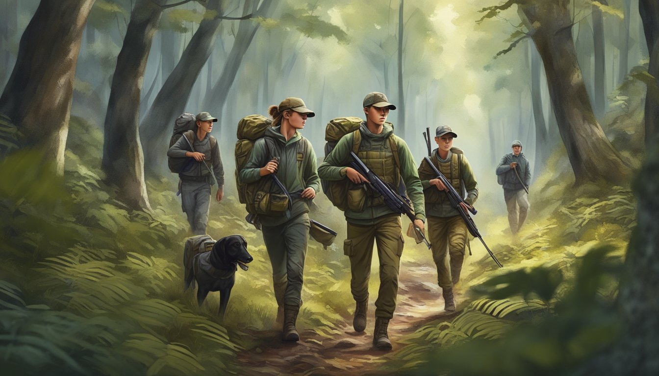 A group of young hunters wearing Under Armour youth hunting clothes, carrying rifles, and trekking through a dense forest in search of their prey