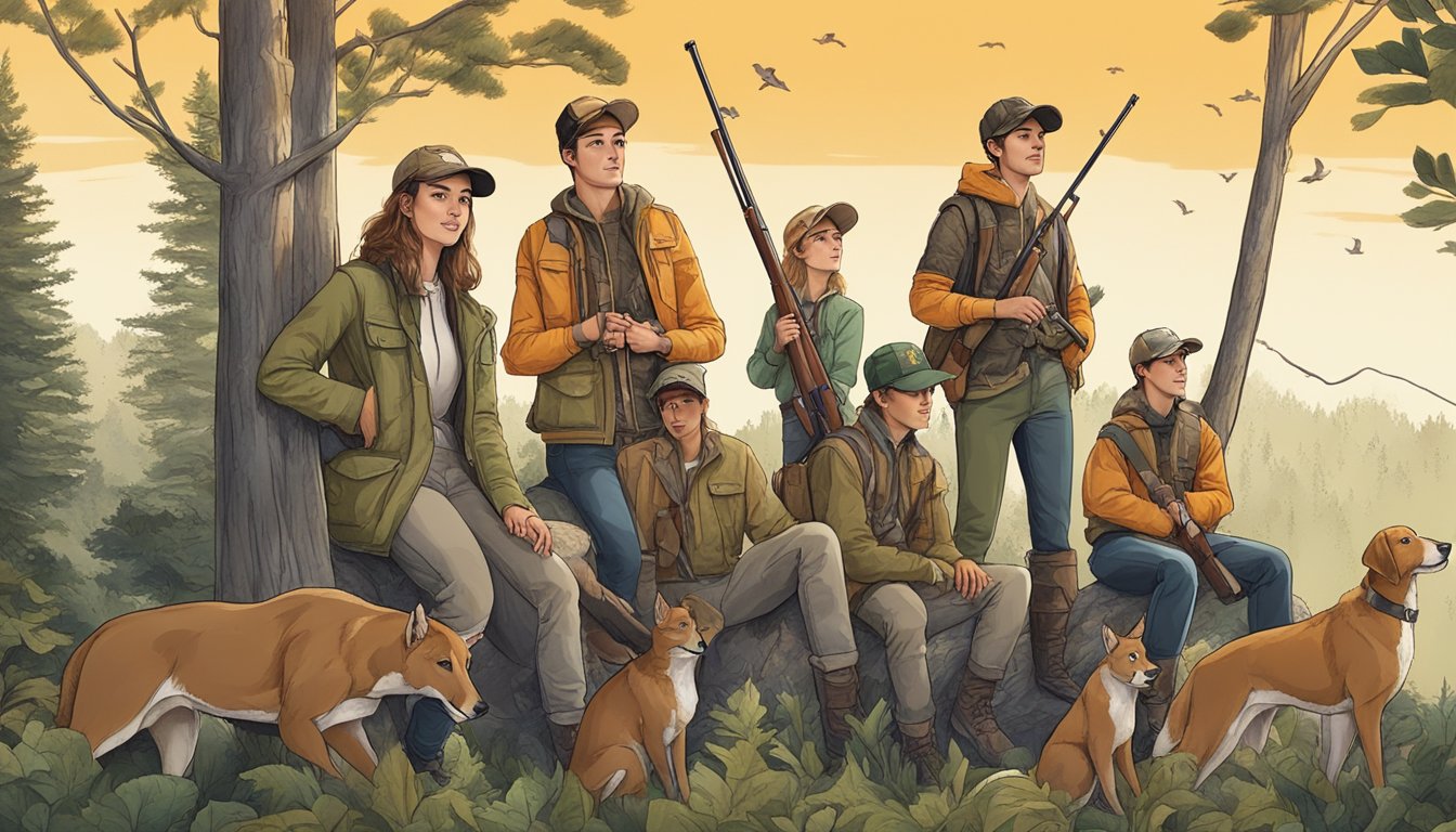 A group of young people wearing popular hunting brands, surrounded by trees and wildlife