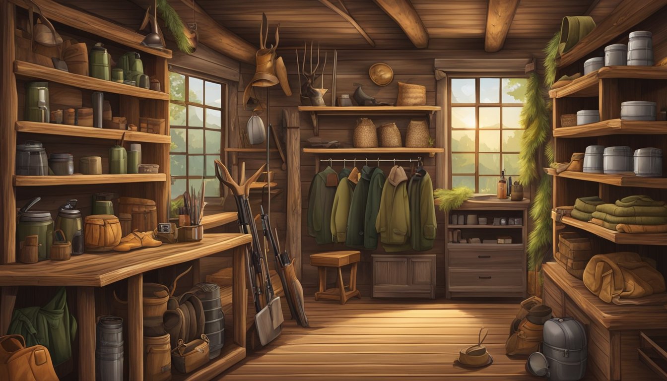 A cozy, rustic hunting store with shelves stocked with warm youth hunting clothes, surrounded by woodland decor and hunting gear