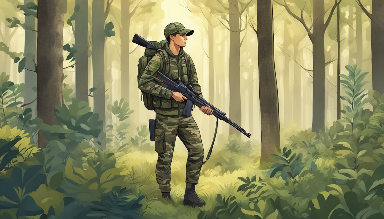 A young hunter in camouflage apparel, carrying a rifle, stands in a forest clearing. Surrounding trees and shrubs suggest a wilderness setting